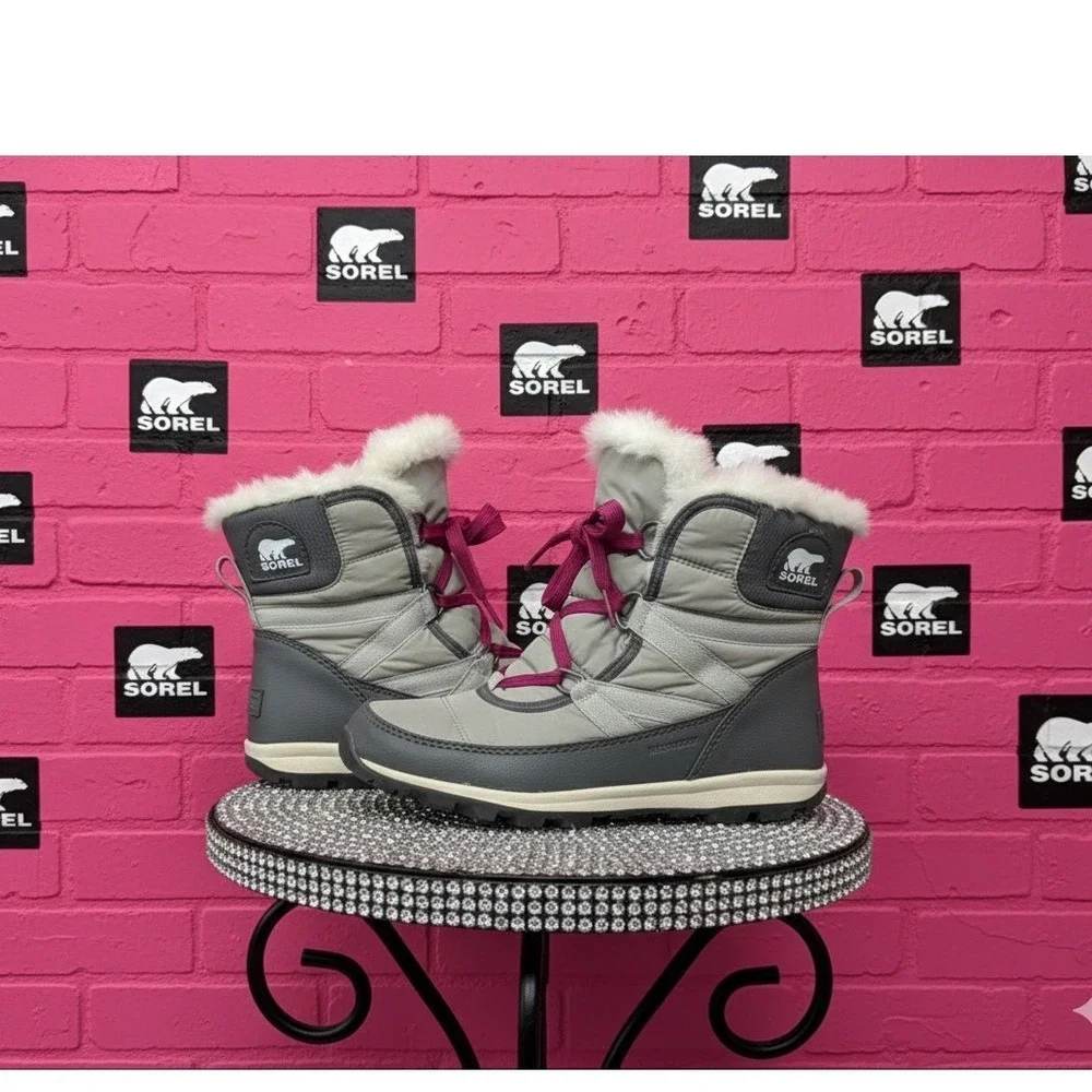 🔥Sorel🩷Whitney Short Lace Grey Magenta Waterproof Faux Fur Winter Snow Boots-7